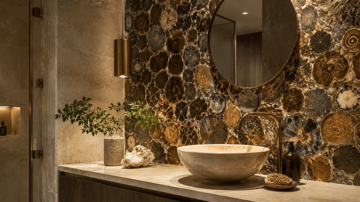 Petrified wood mosaic wall cladding
